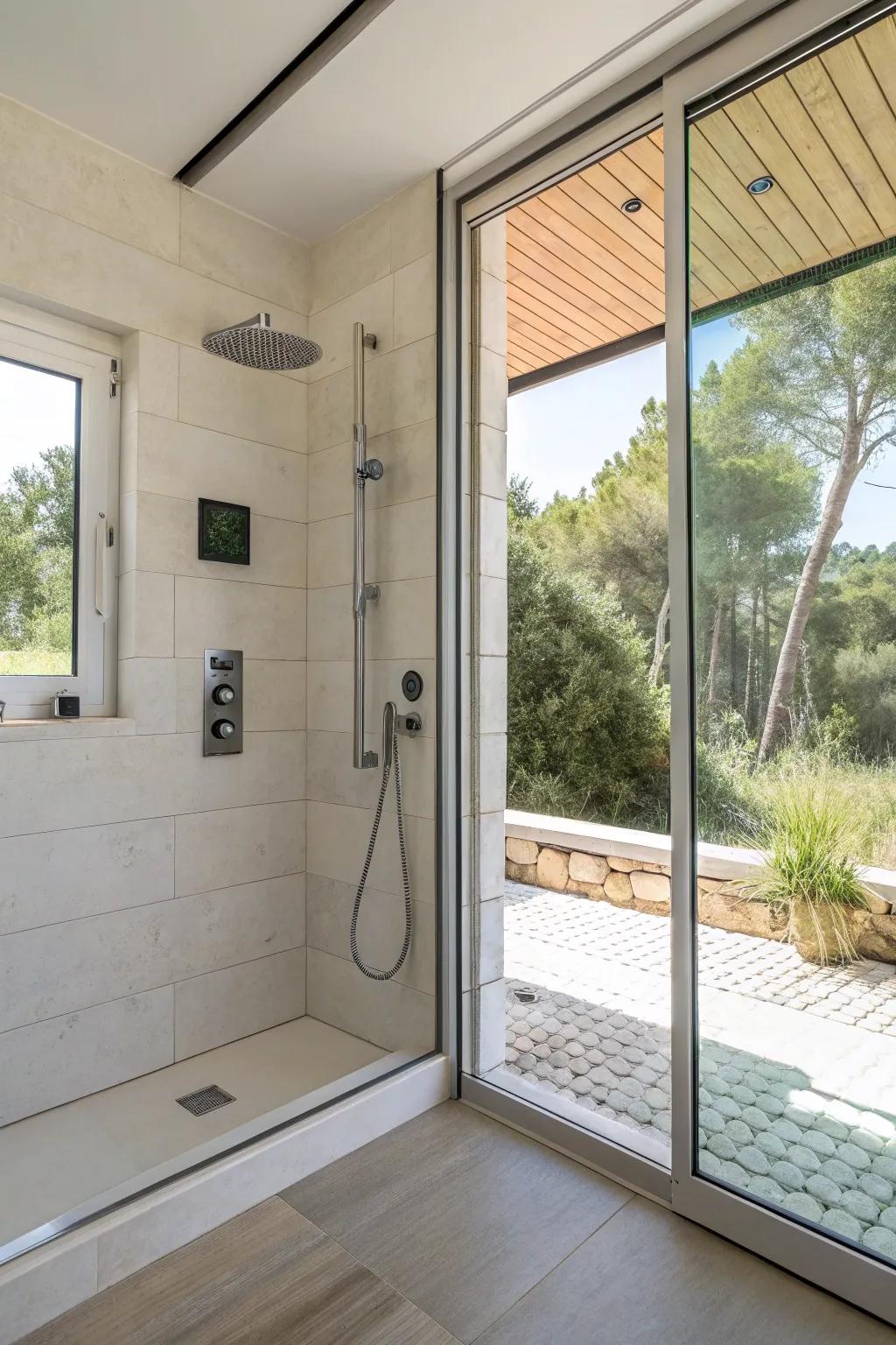 A shower timer encourages mindful water usage.