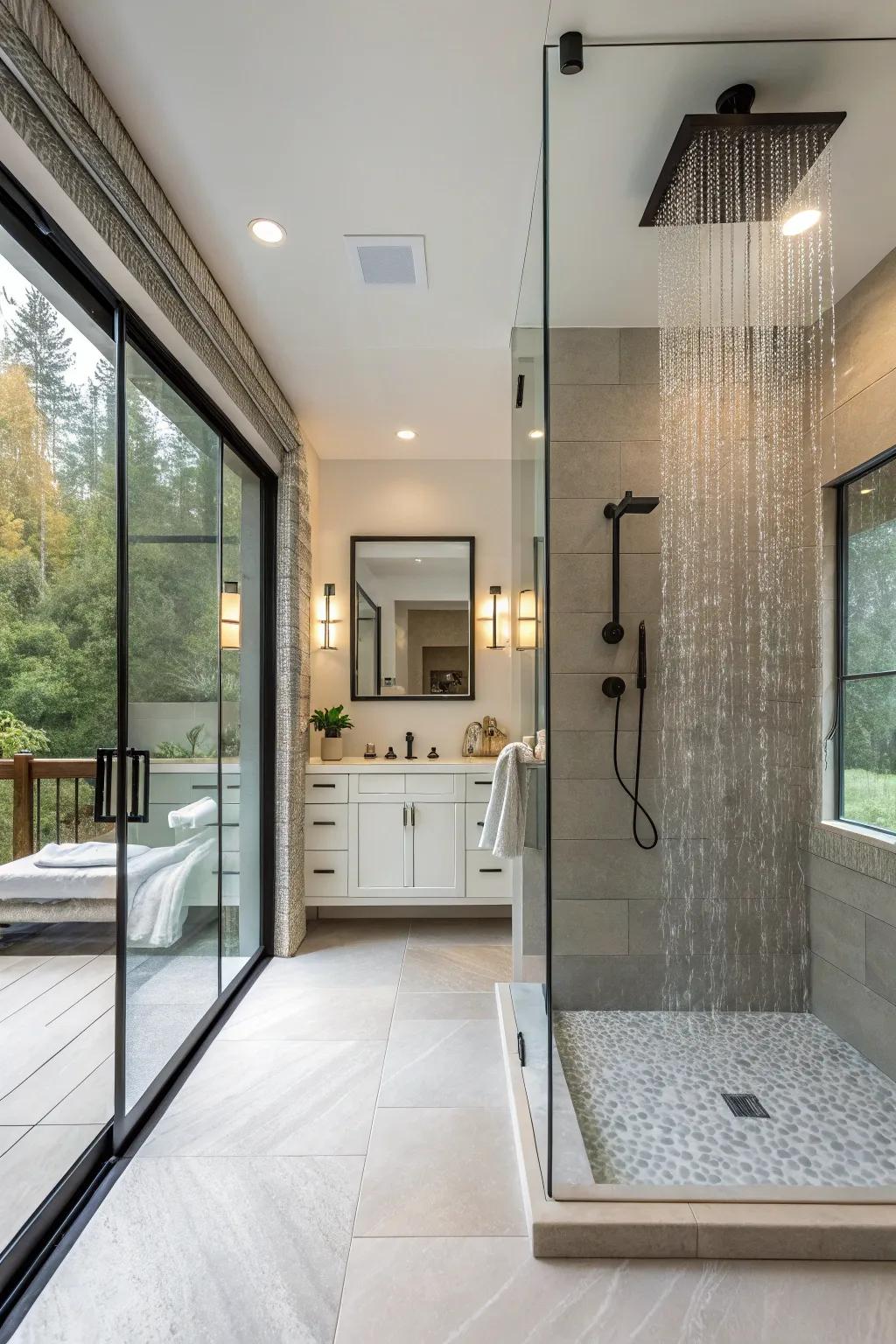 An open concept design lends elegance and a contemporary feel to this walk-in shower.
