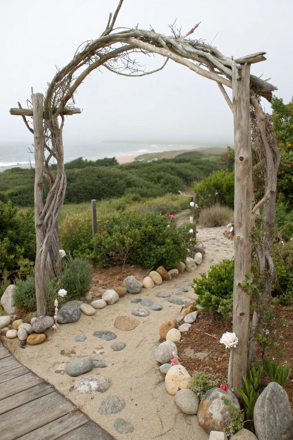 Driftwood arches bring a touch of coastal charm to garden areas.