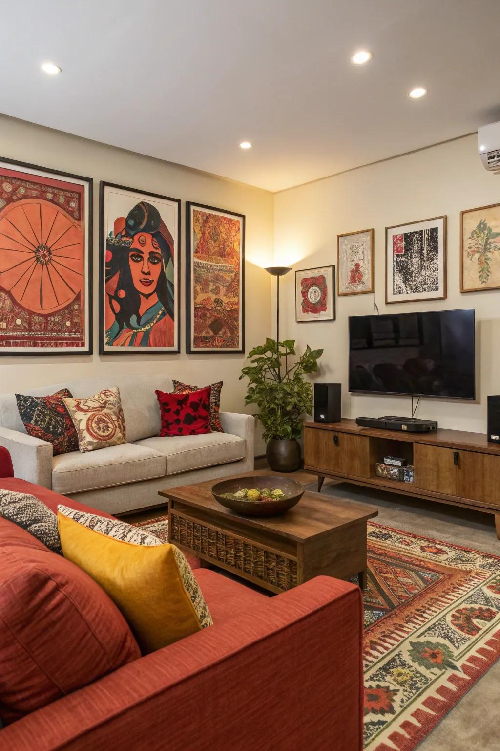 Wall art with bold highlight colors adds energy to the living room.