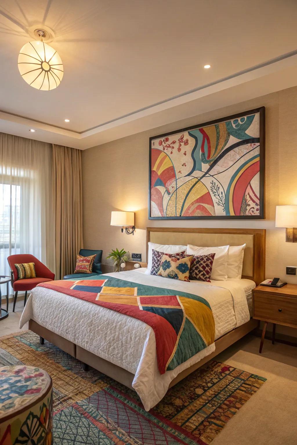 Abstract art infuses a modern touch to the sleep chamber.