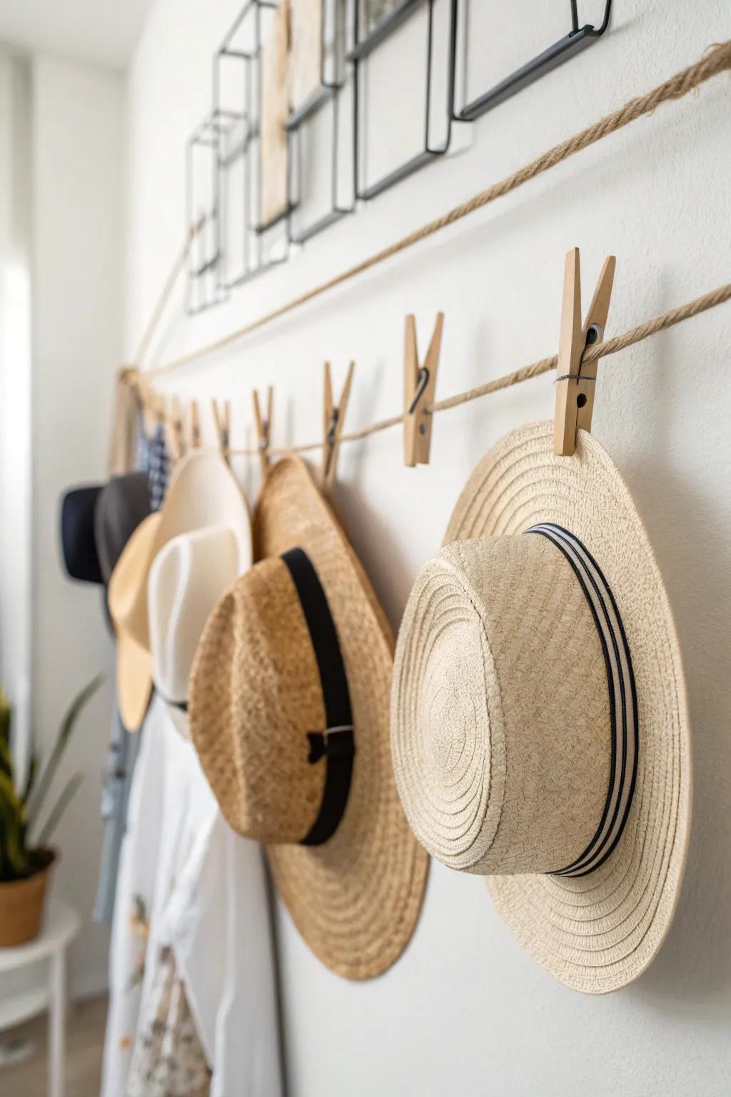 A simple and effective hat display using wall clothespins