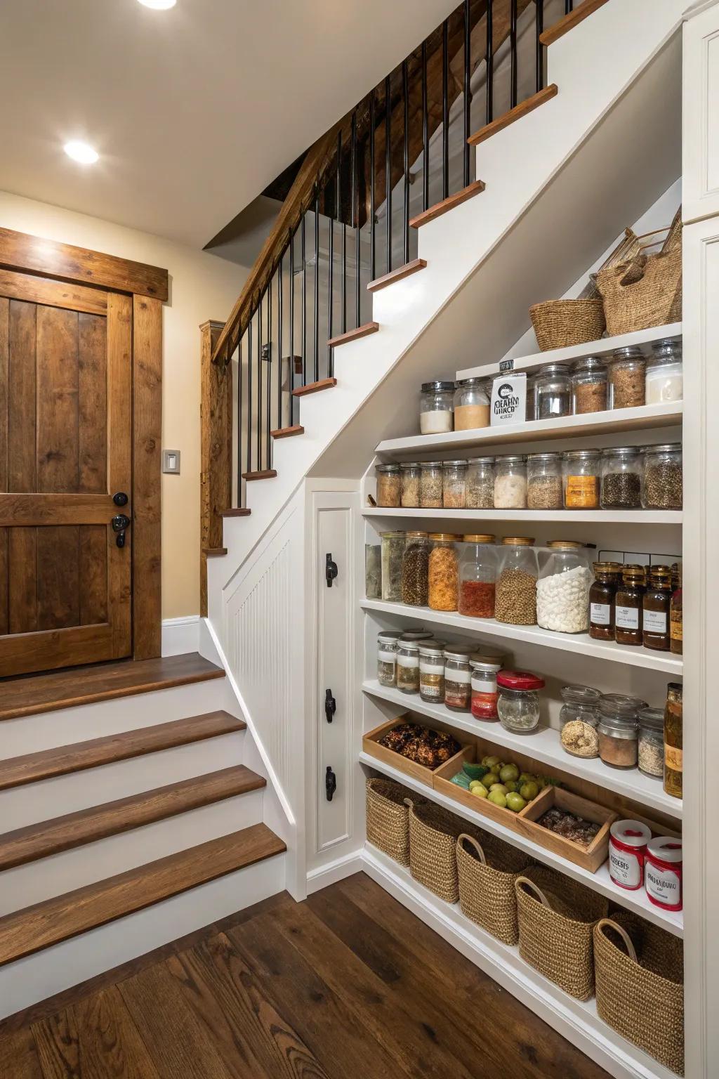A hidden pantry beneath the staircase offers practical storage.