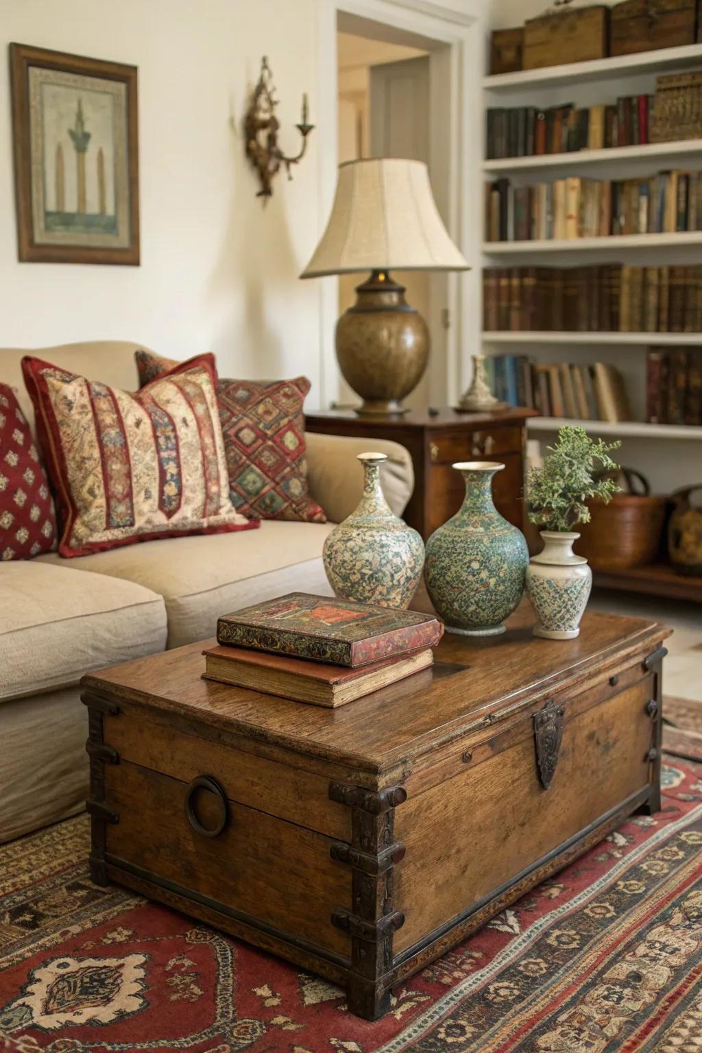 Time-honored discoveries infuse charm and historical depth into a neutral living area.