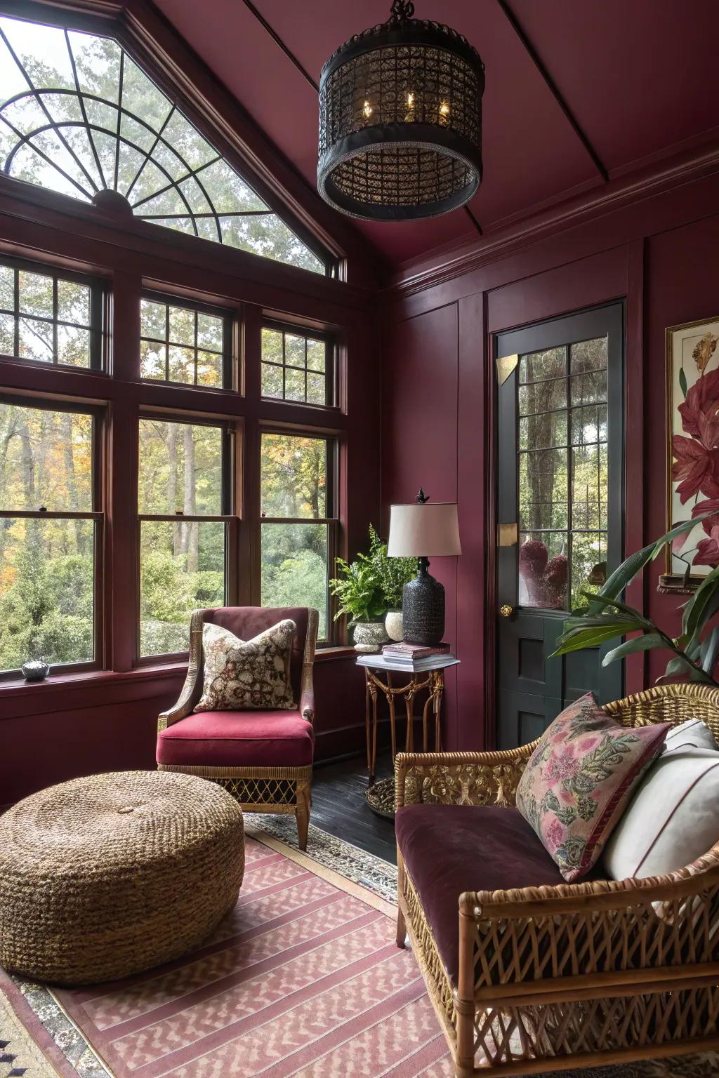 Sunroom with deep grape walls, providing a dramatic and original touch.