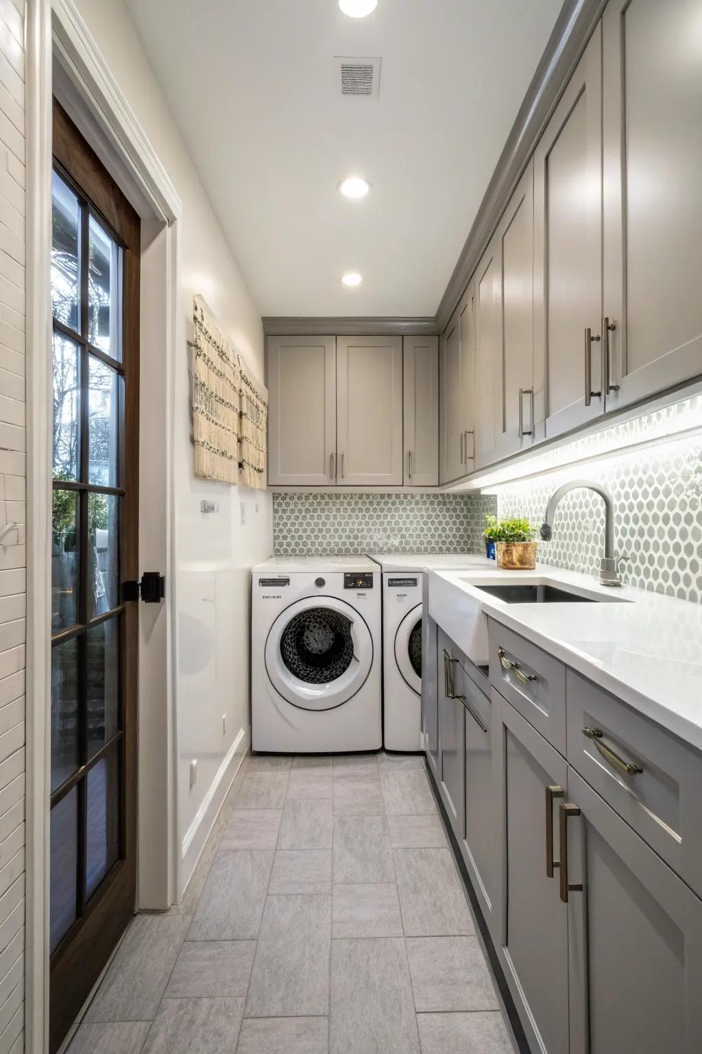 A galley layout optimizes space for a laundry pair in the kitchen.