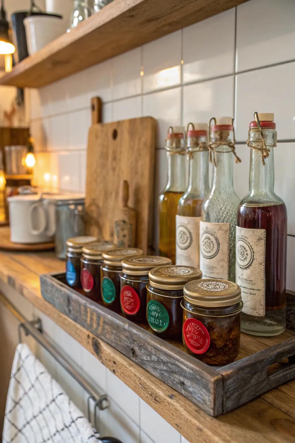 Bottles and jars adorned with wax seals, offering a rustic and stylish accent to your kitchen decor.