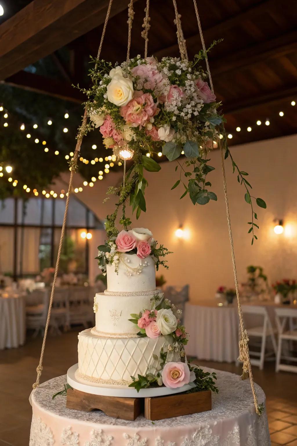 Suspended flowers introducing a whimsical charm to the wedding cake display.