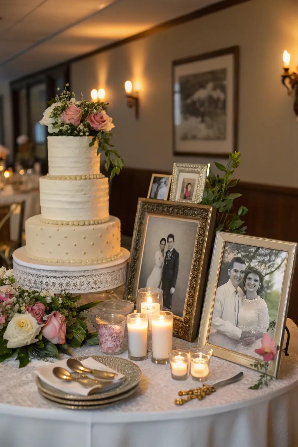 Personal touches make the cake table intimate and unique.