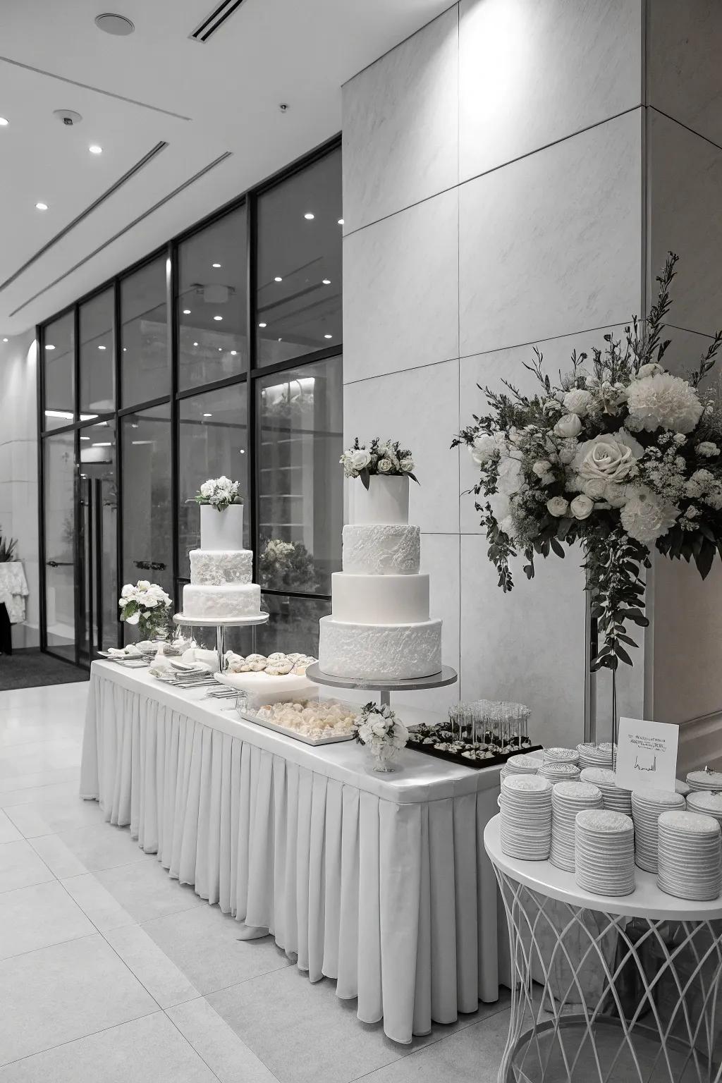 A sleek, monochrome wedding cake table with coordinated decor.