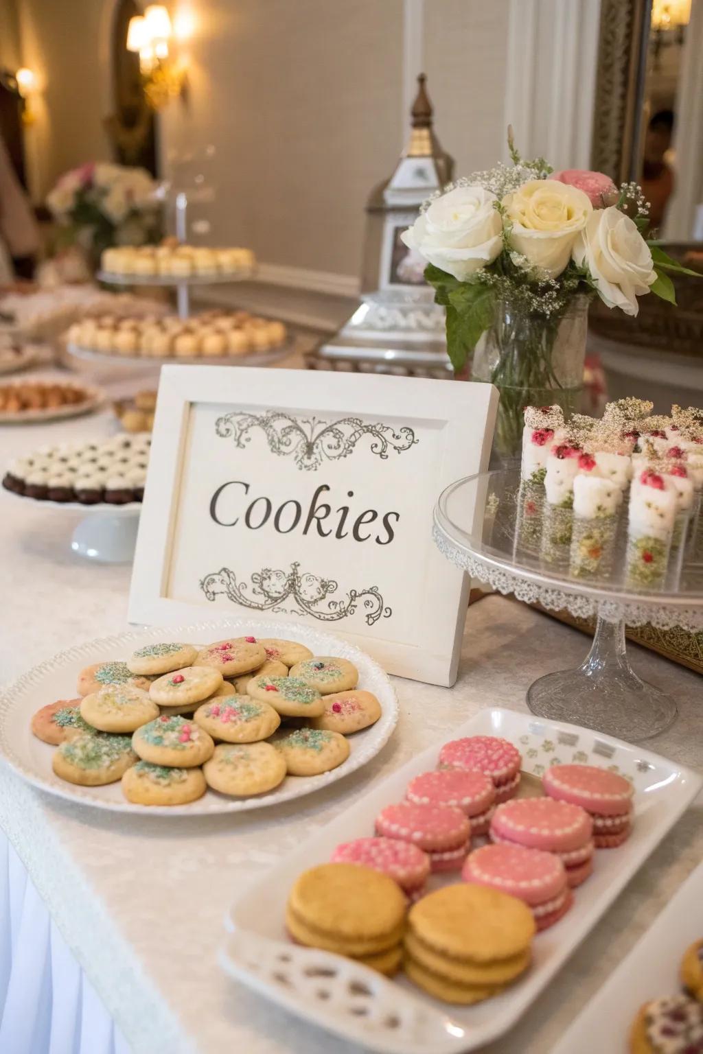 Labeled signs introduce clarity and structure to a wedding pastry station.