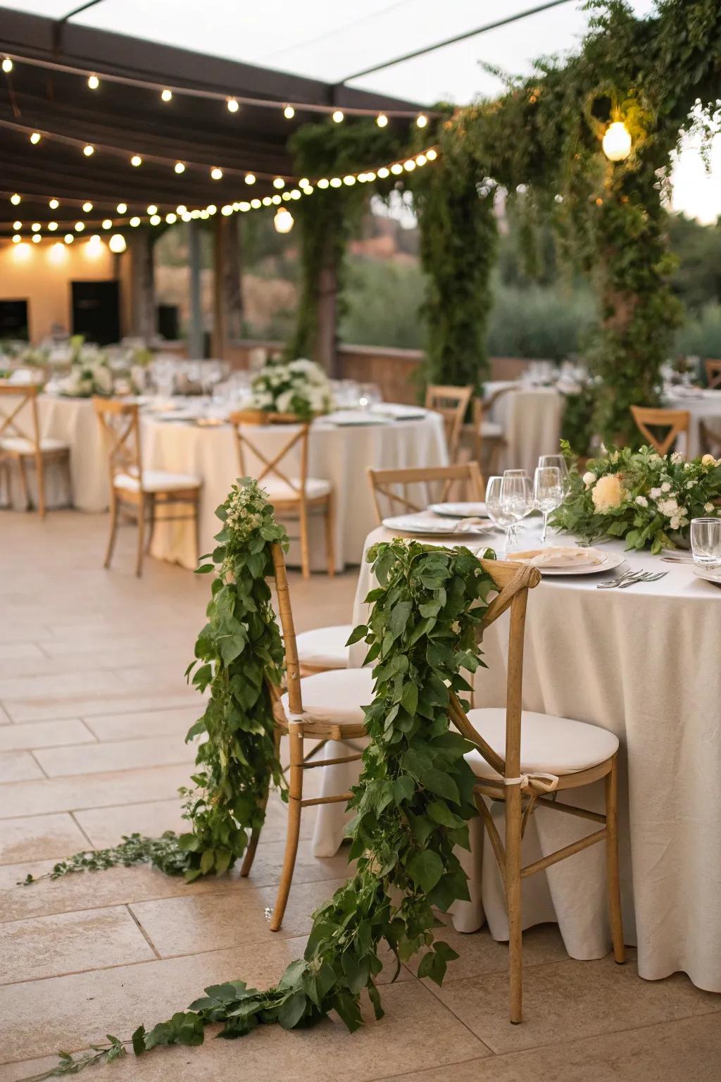 Wedding tables and chairs beautifully adorned with lush greenery wreaths.