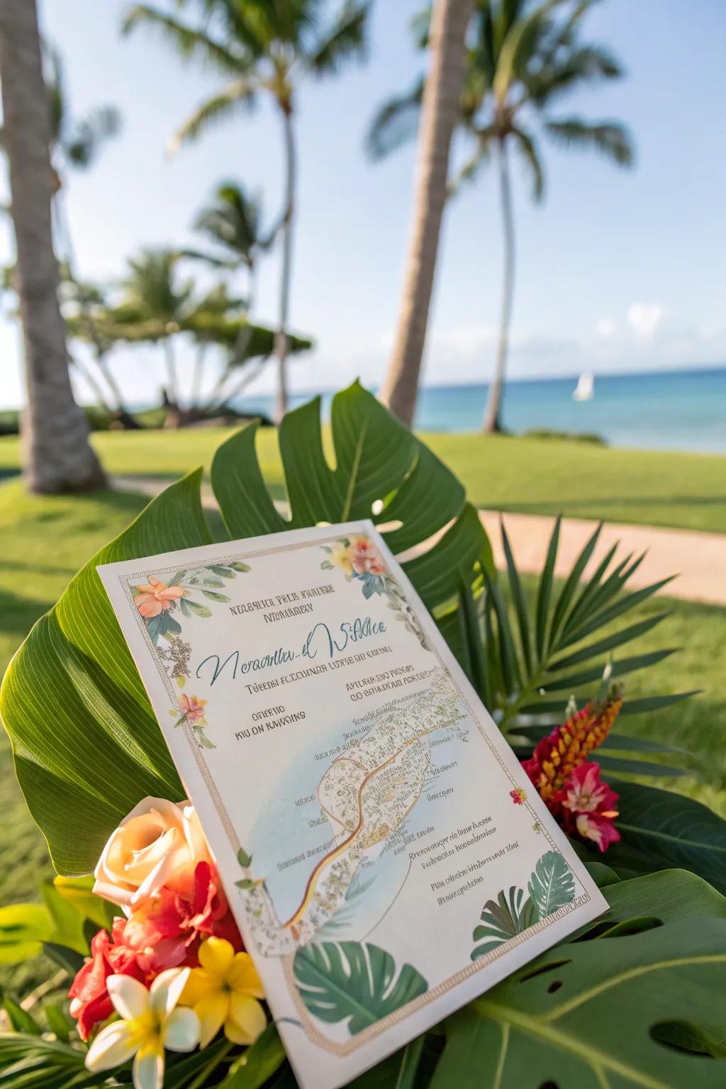 Travel announcement with a map and tropical motifs.