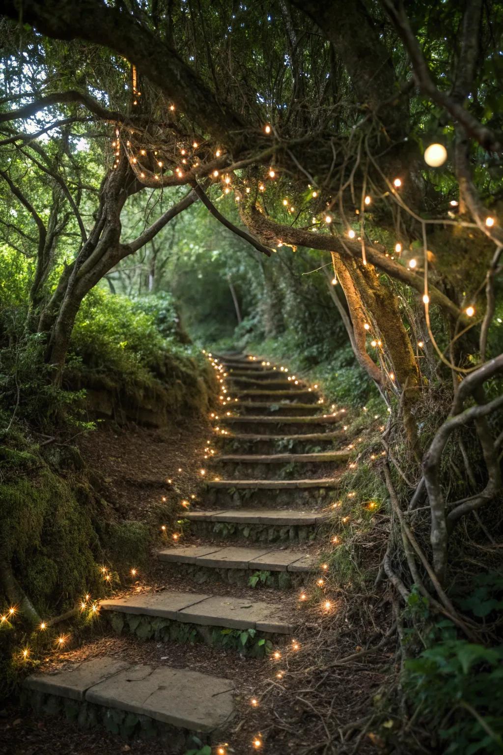 A theme resembling a woodland from a fairytale establishes an environment that is magical and storybook-like on this staircase.