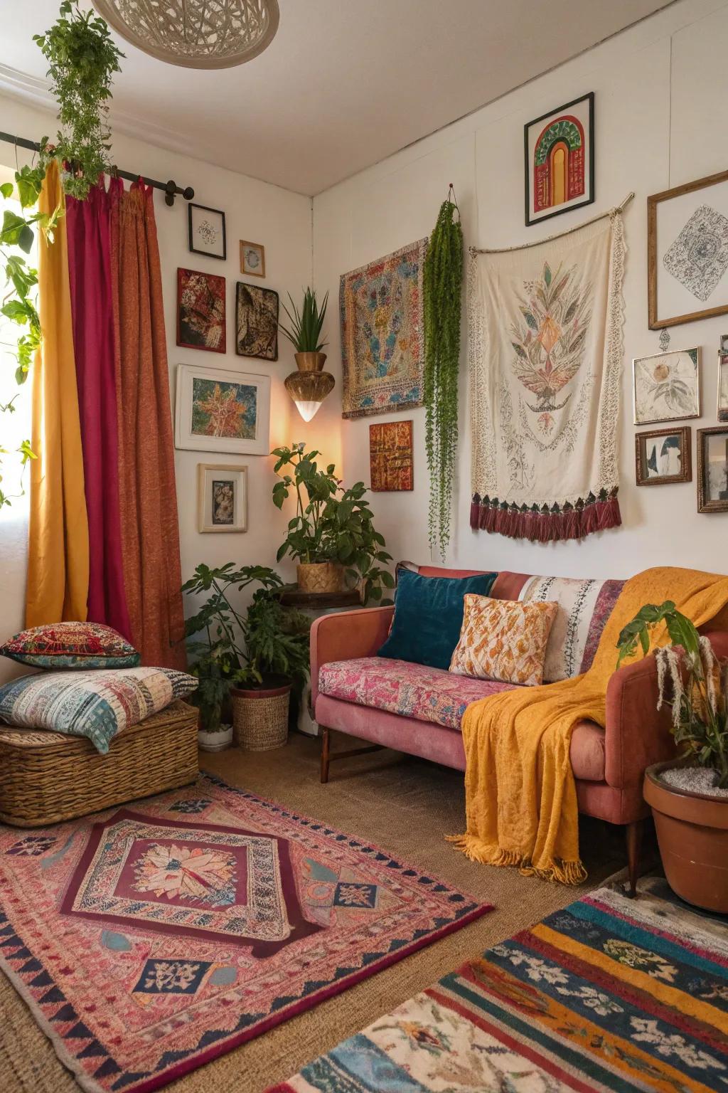 Artistic boho room with creative expression.