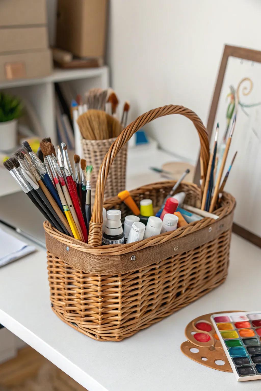 An organized art space with a basketful of tools inspires creativity.