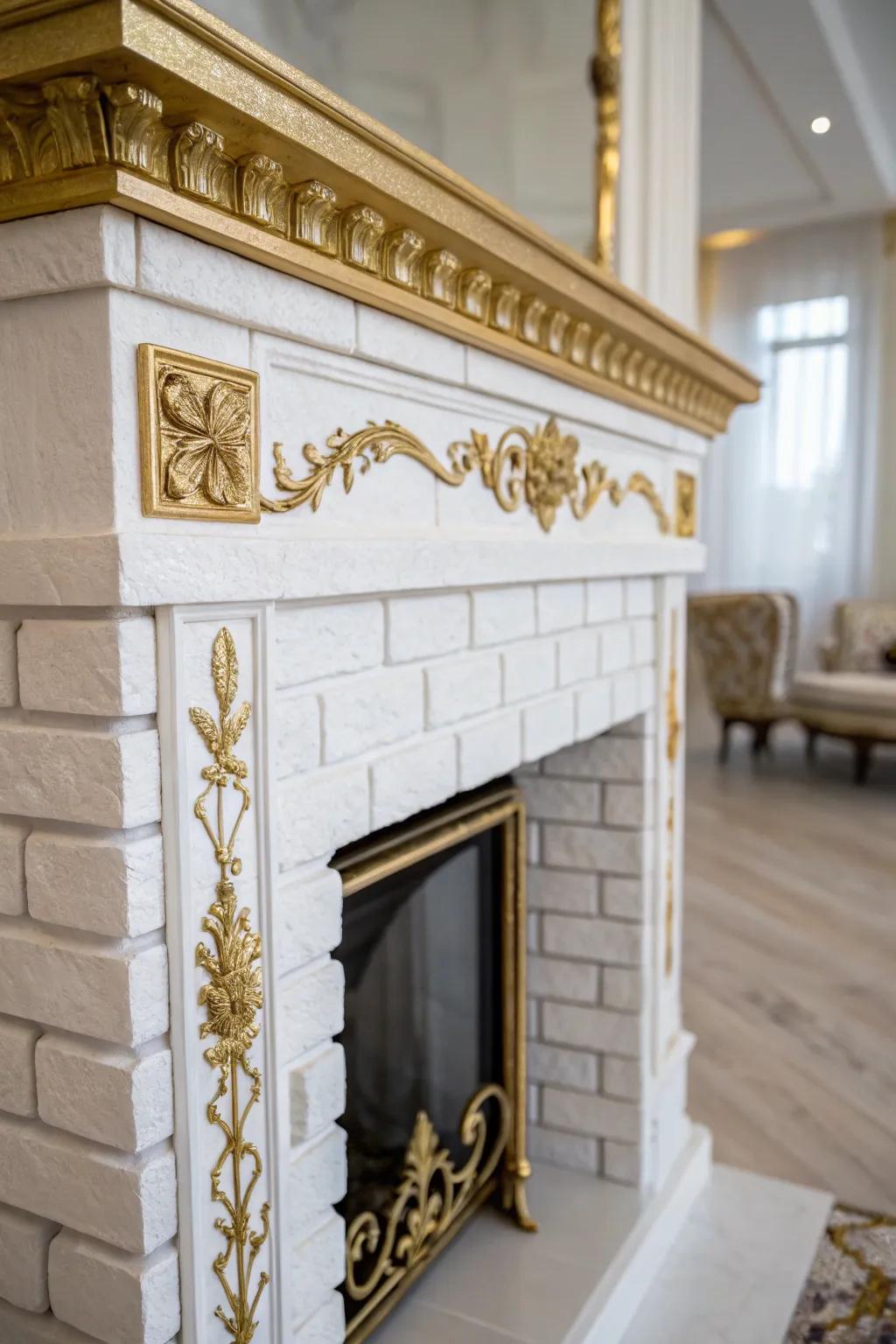 Gilded highlights contribute a dash of opulence to the white brick fireplace.