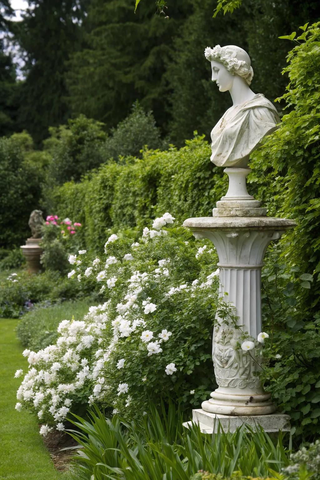Pale garden pieces add unique aesthetic intrigue to the garden.