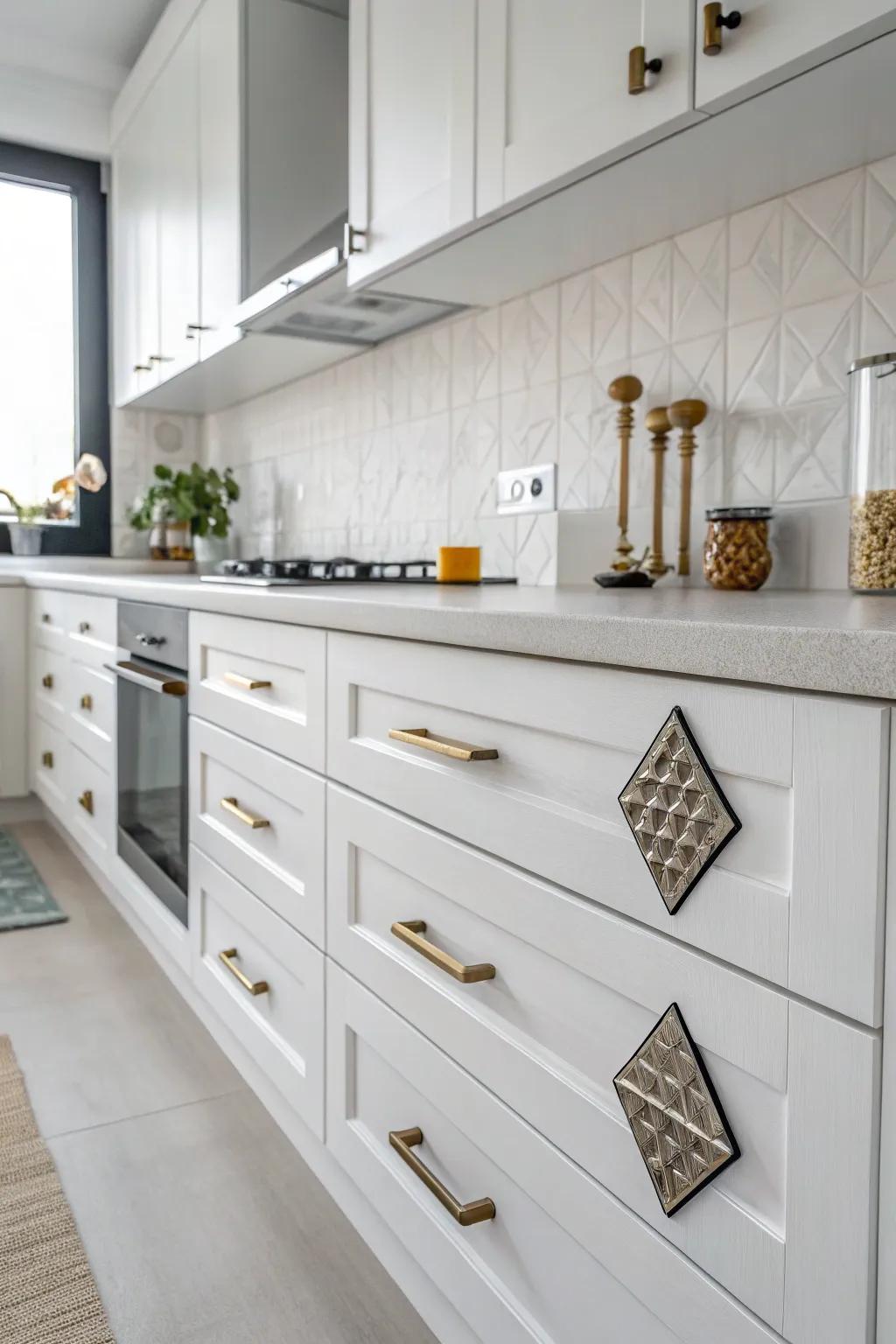 Distinct geometric forms including personality to a minimalist cooking area.