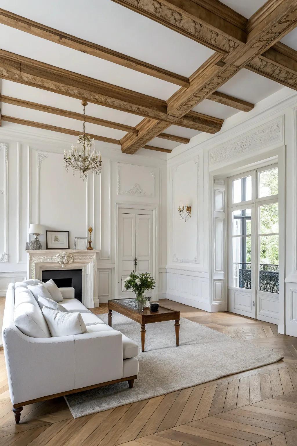 Structural elements introduce depth and interest to a white area.