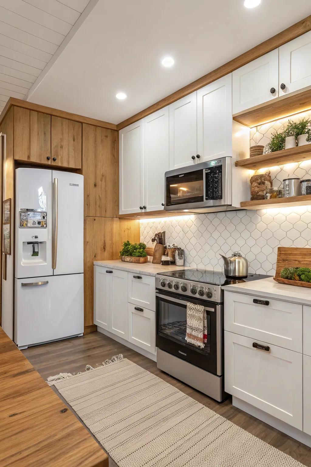 Smart appliances enhance the cooking area's practicality and fashion.