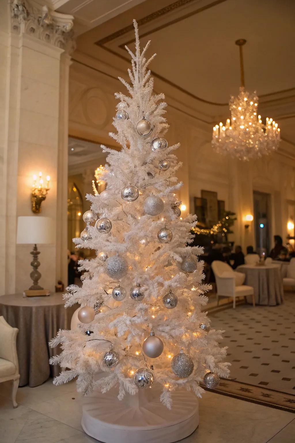 A sparkling metal-themed white pencil tree using glittering decorations.