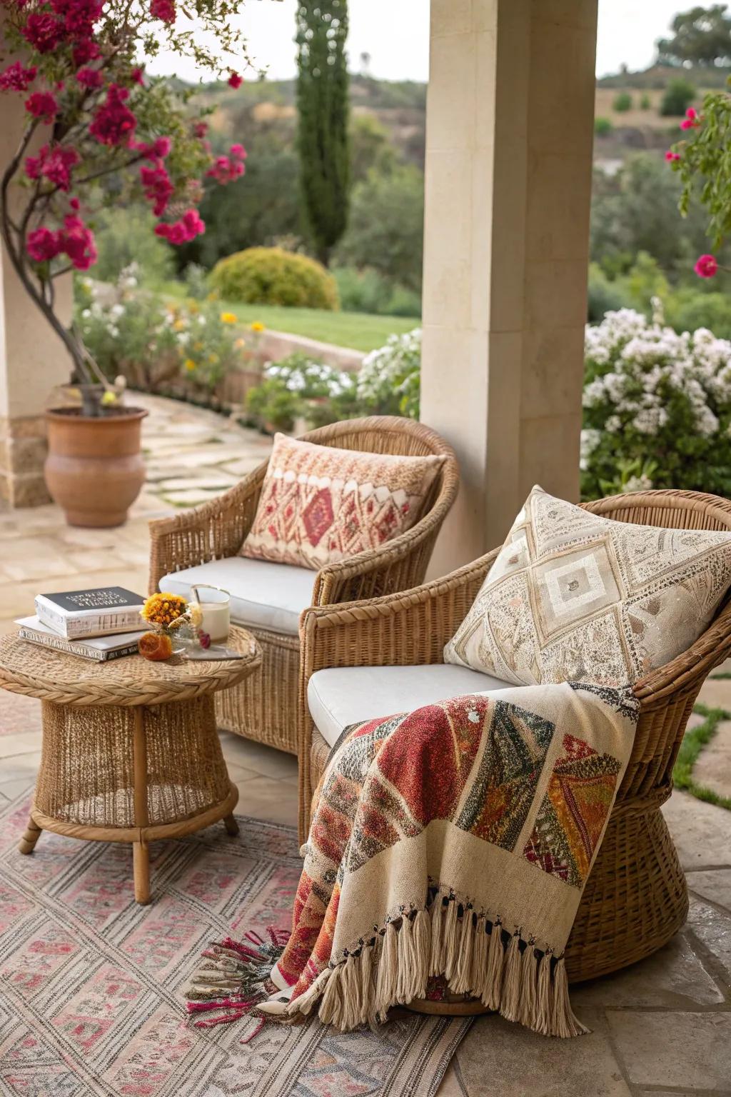 Boho chic meets wicker for a laid-back terrace style.