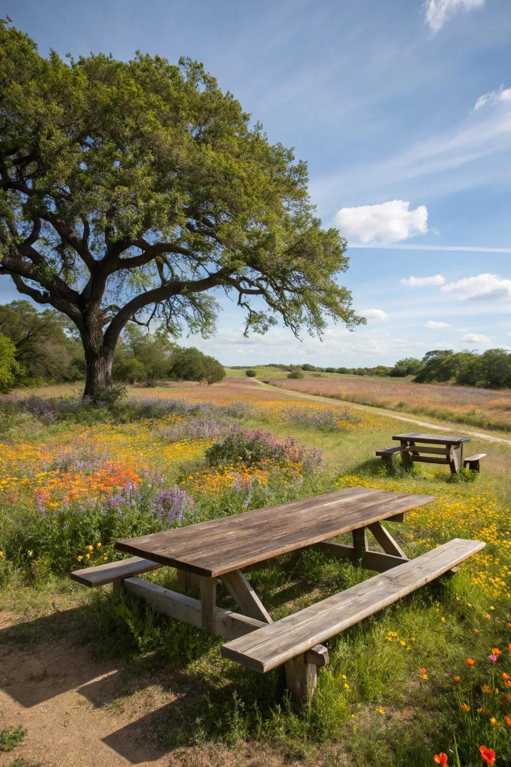 A dreamy picnic site nestled in a wildflower paradise.