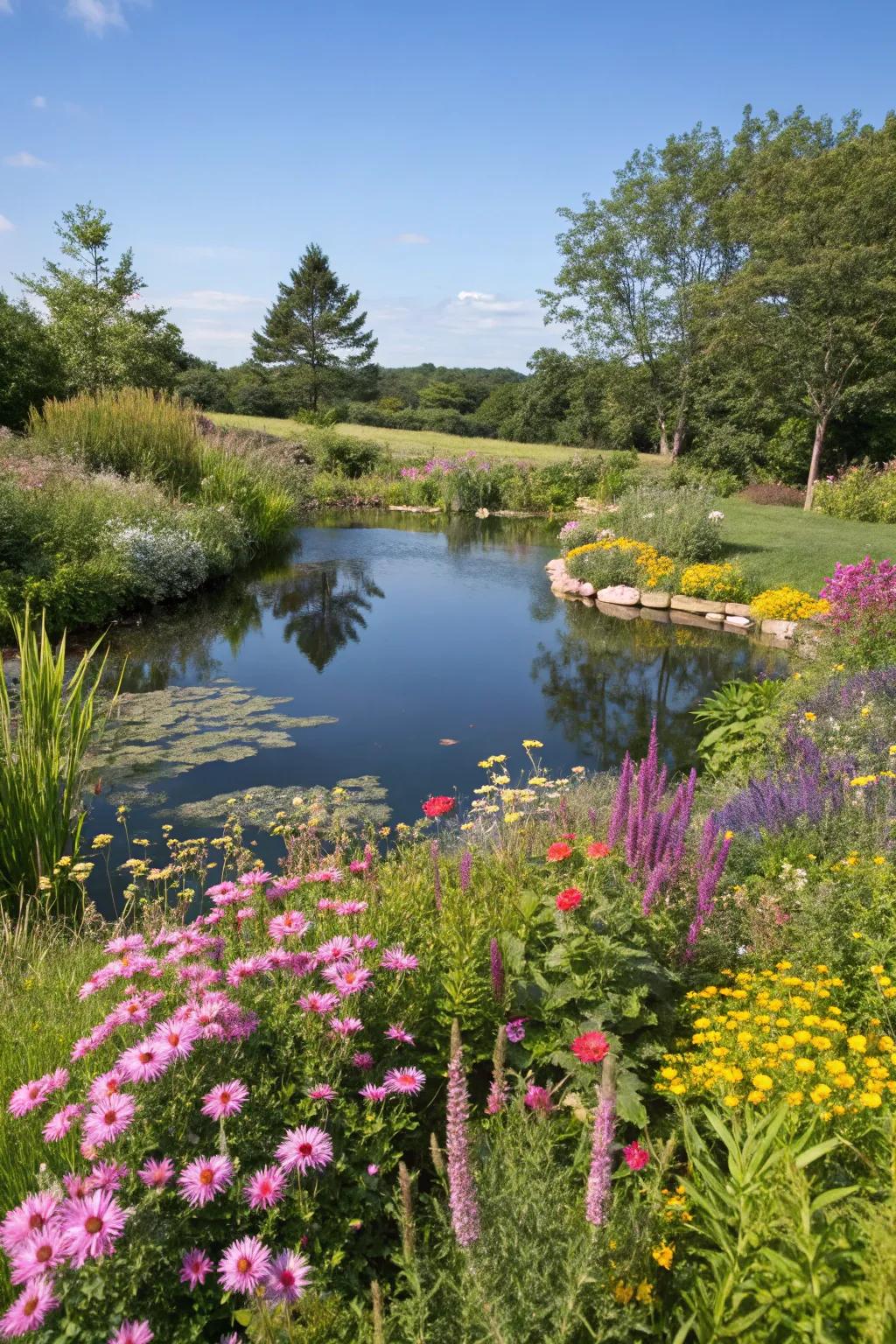 A serene water element framed by beautiful botanicals.