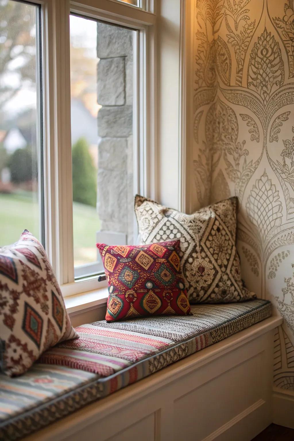 A window nook uses vibrant designs to give personality.