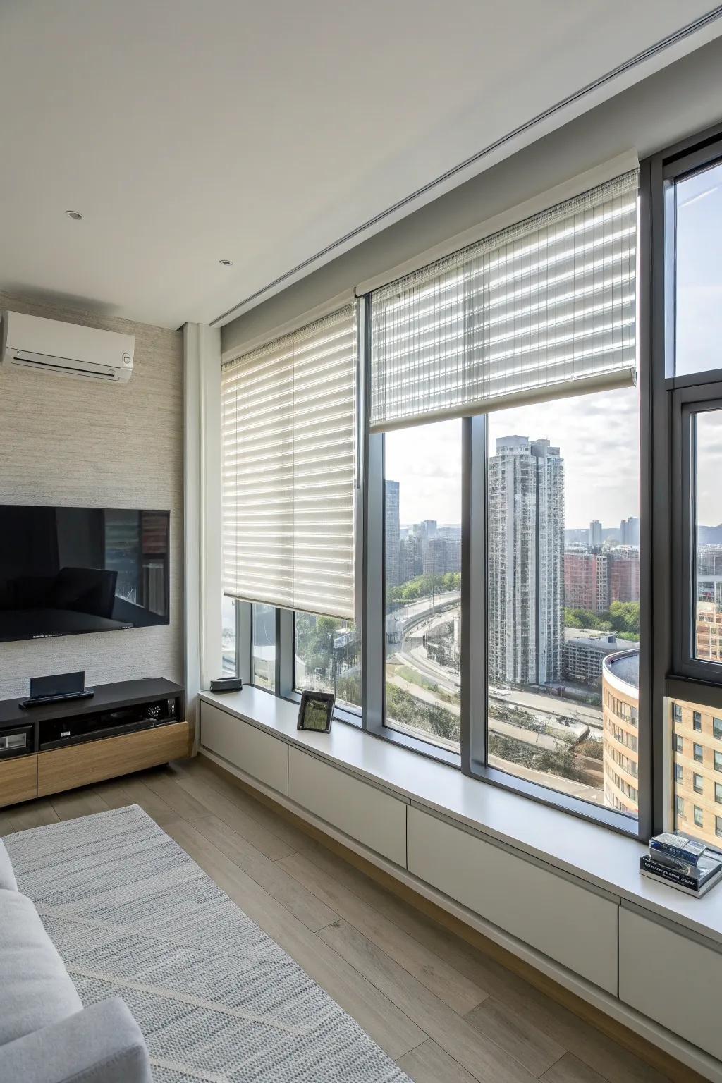 Automated window covers offer modern comfort.
