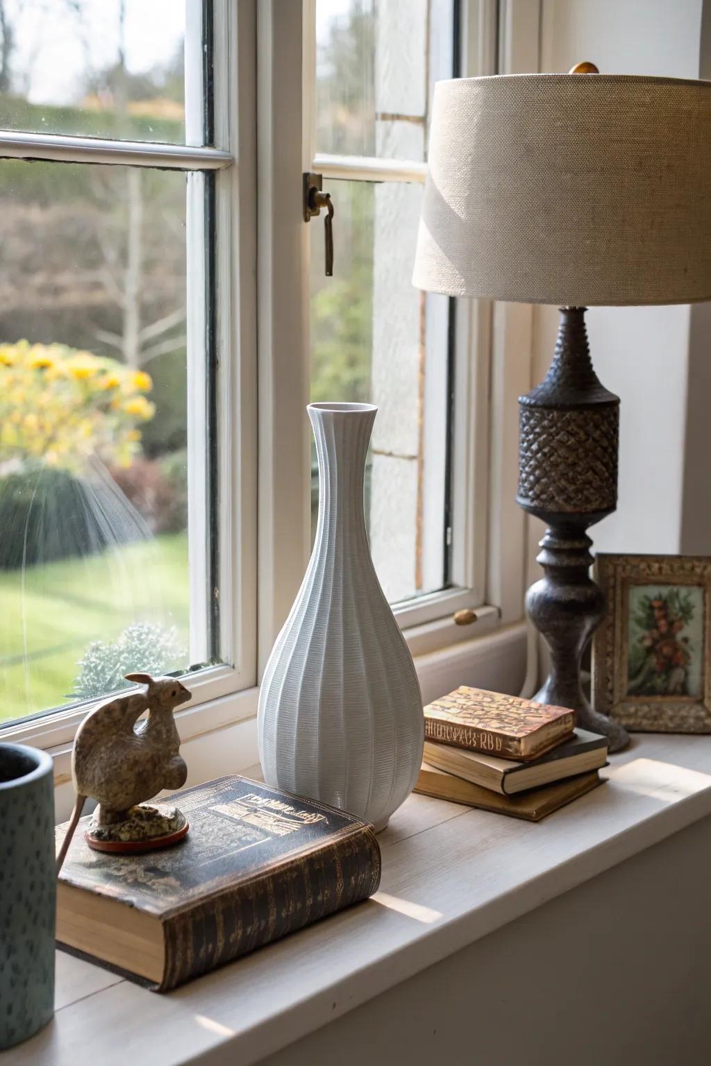 Amalgamating aesthetics delivers a distinctive and eclectic feature to the windowsill.
