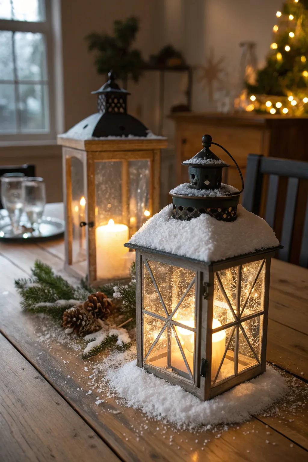 Snow-laden lamps incorporate a magical glow to your aesthetic.