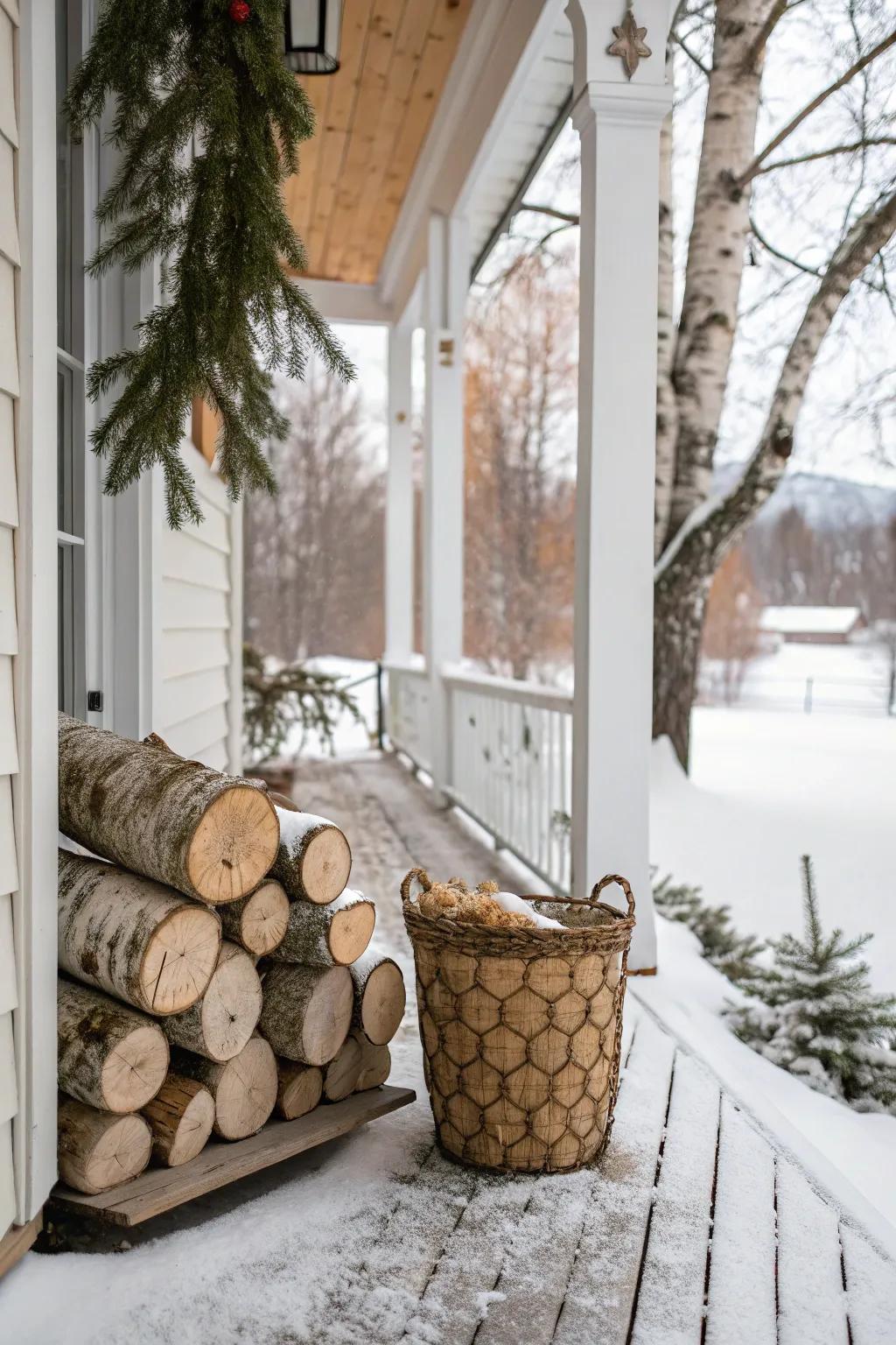 Stacked birch logs contribute earthy charm to this winter porch.