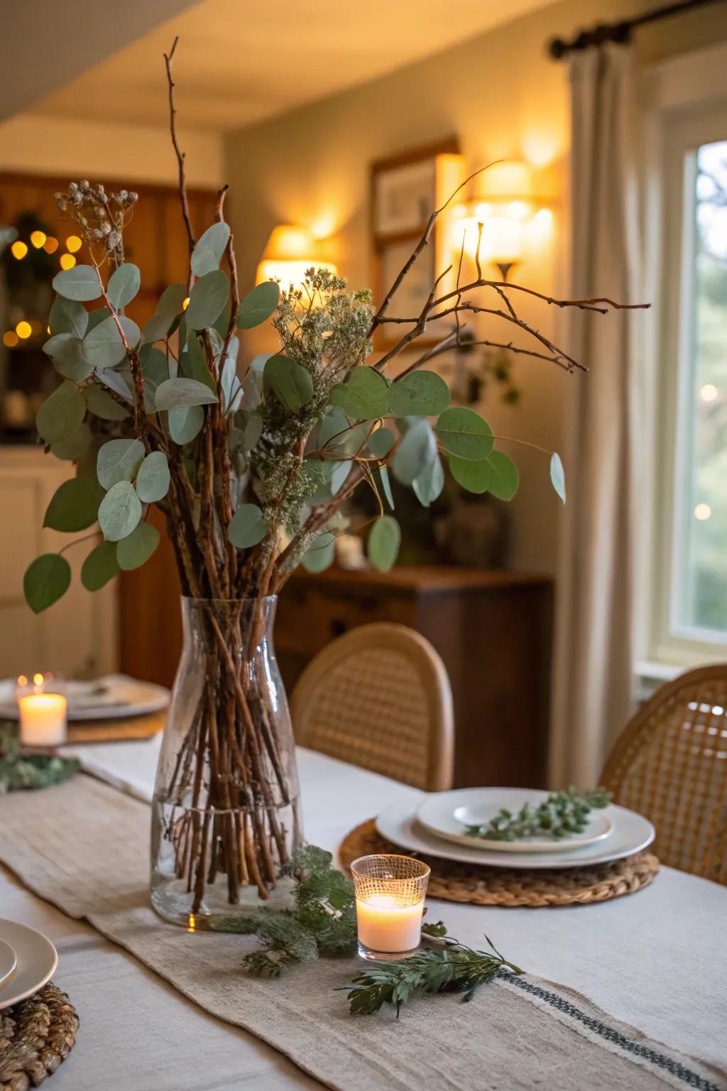 Eucalyptus and branches create a harmonious and classy arrangement.