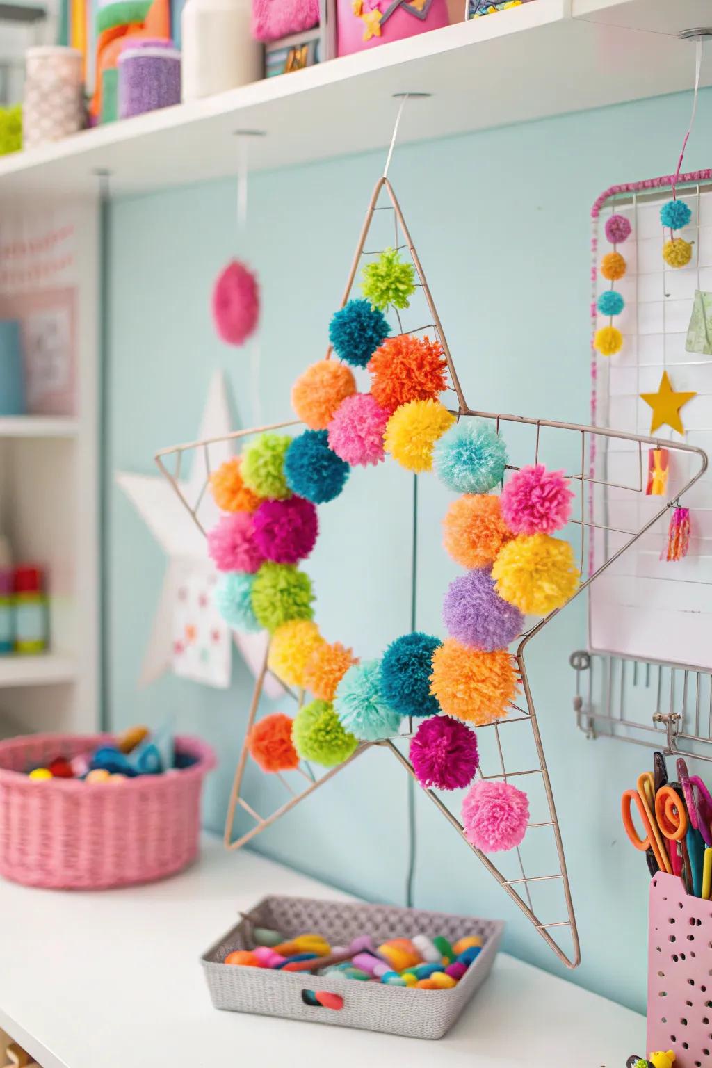 For a lively décor, use a vibrant and cheerful pom-pom star garland.