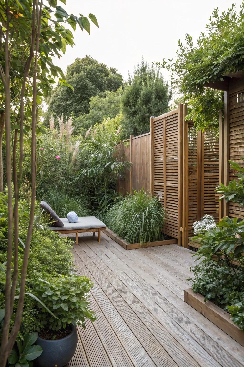 A hidden deck retreat offers peace and seclusion in your own backyard.