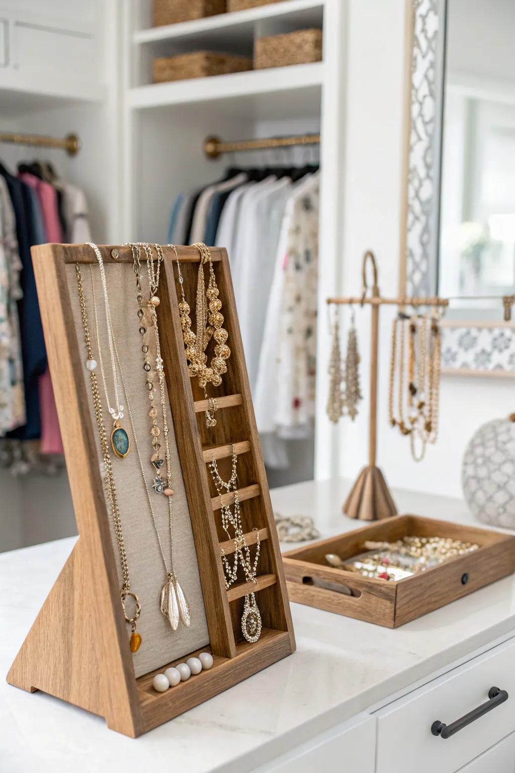 A timber jewelry console maintains accessories neatly displayed.
