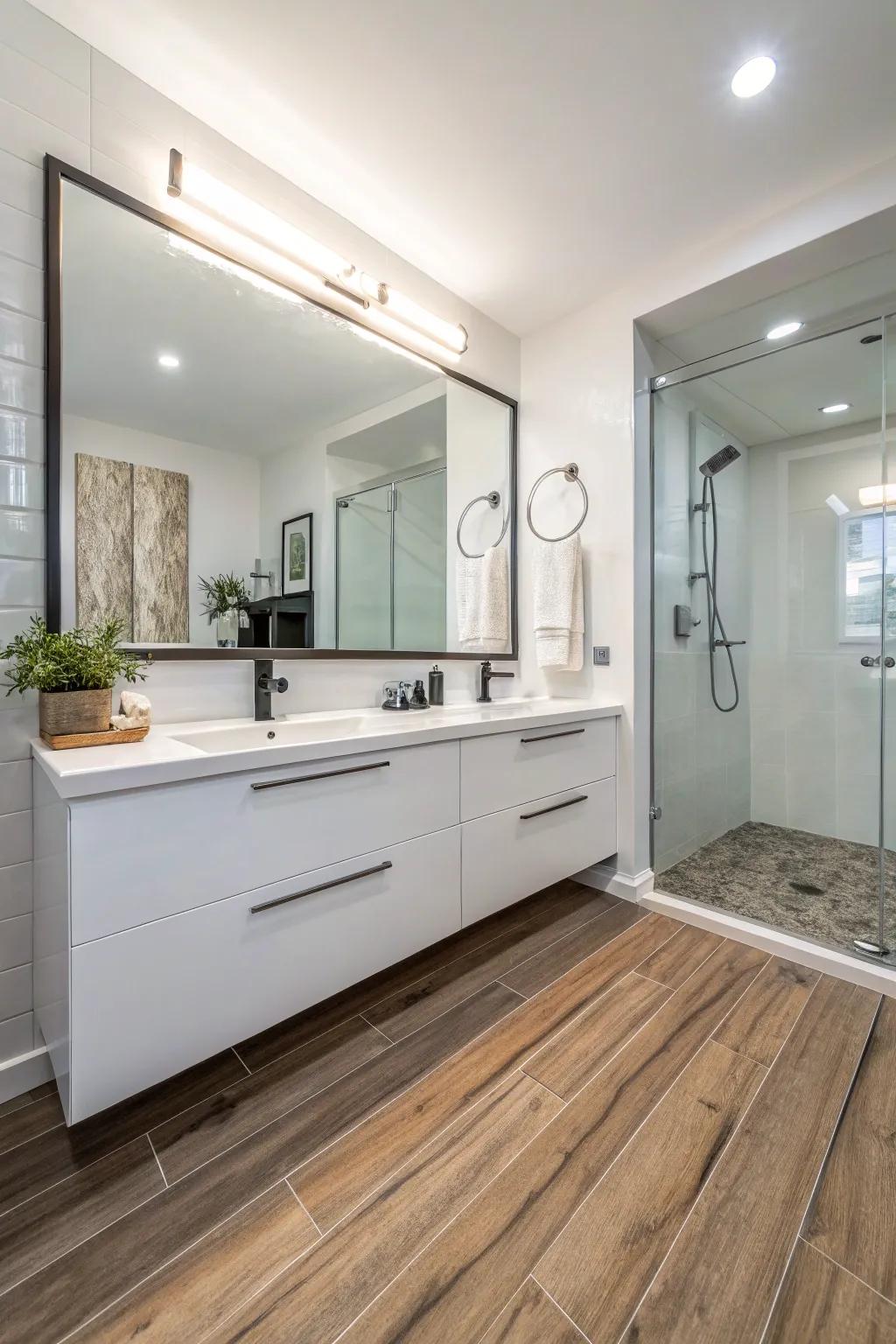 Bathroom featuring creative timber-look tile flooring.