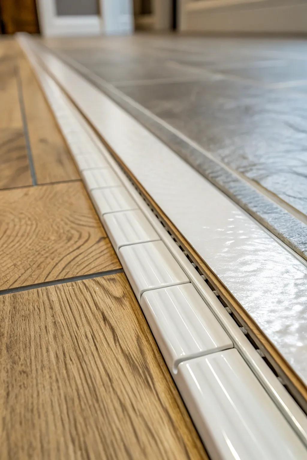 Close-up of a T-track shift between tile and wooden flooring.