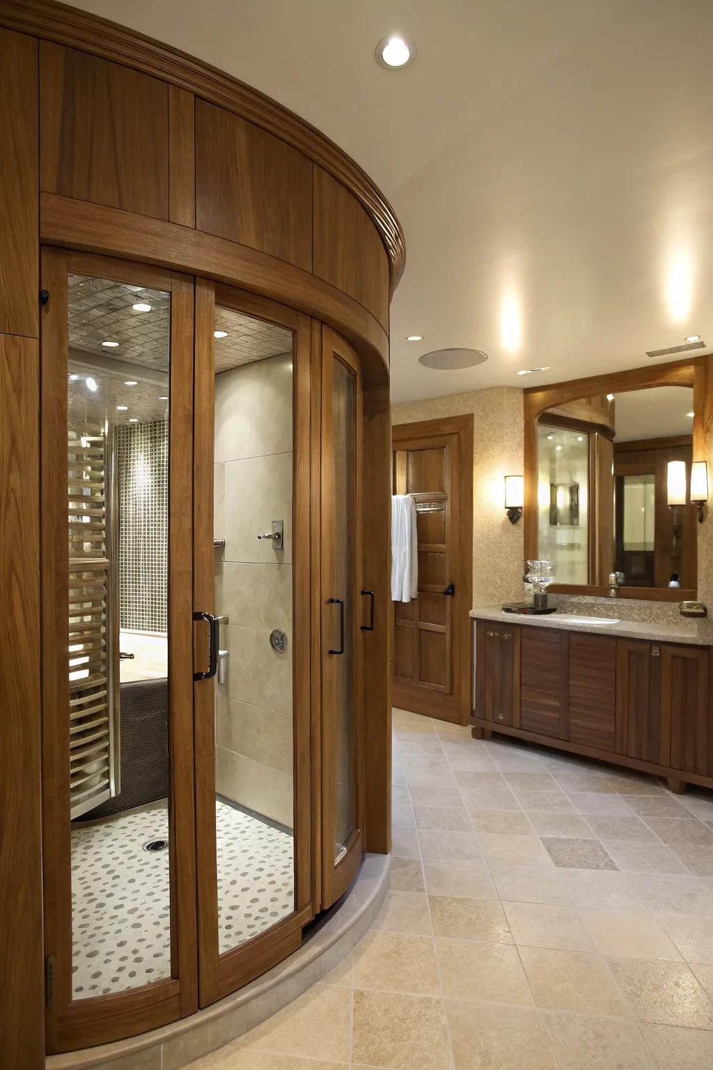 Curved wooden doors add a gentle and elegant touch to any bathroom.