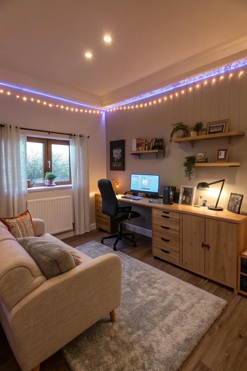 Atmospheric lighting turns your workspace into a cozy retreat.
