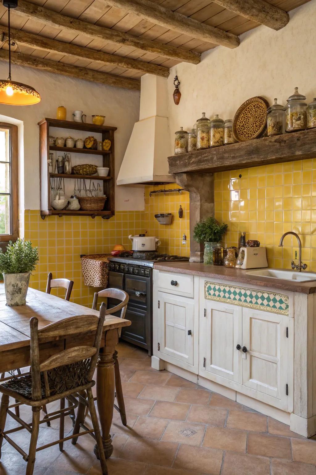 Textured yellow tiles add country charm to the kitchen.