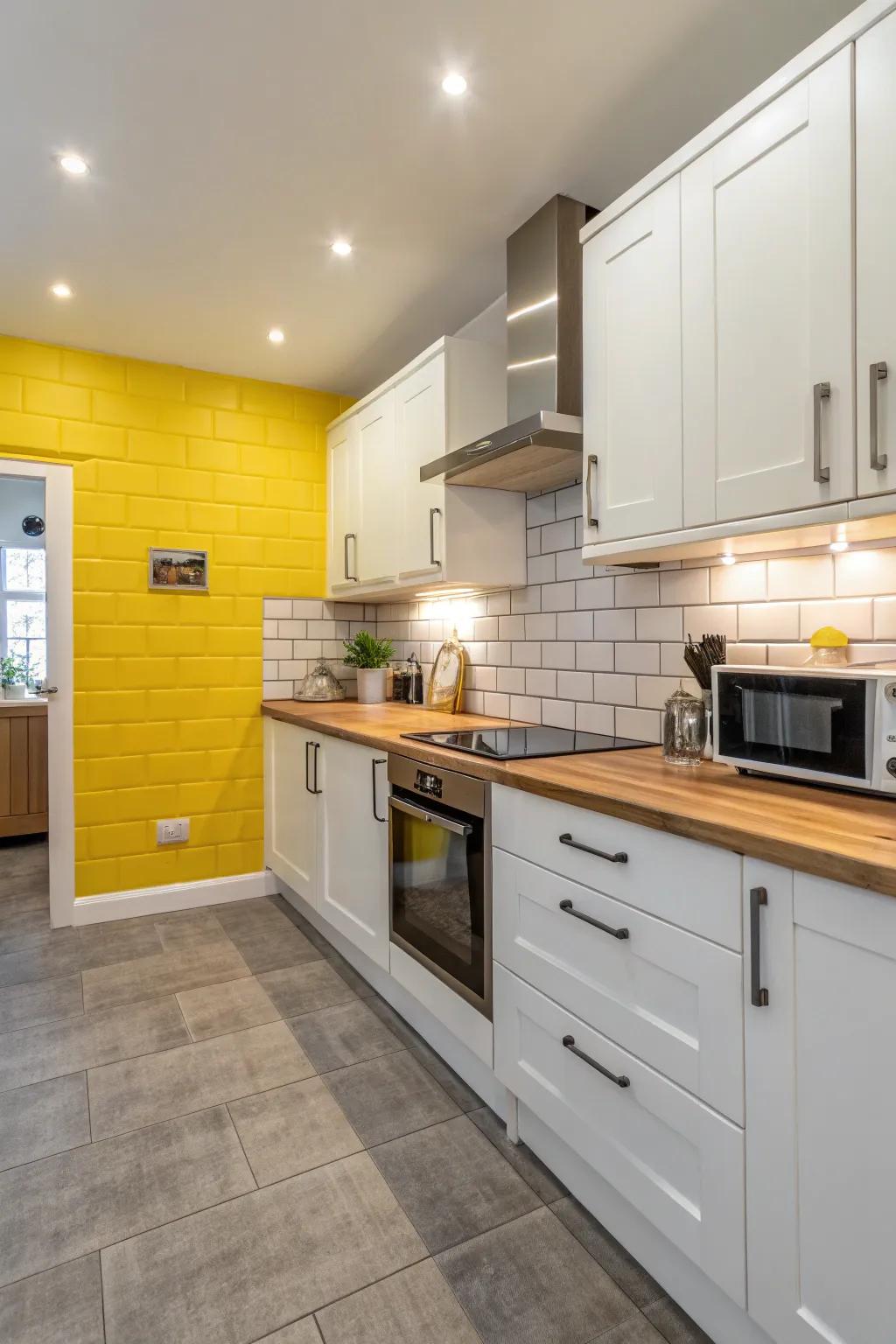 A yellow highlight wall serves as a vibrant focal element in the cooking area.