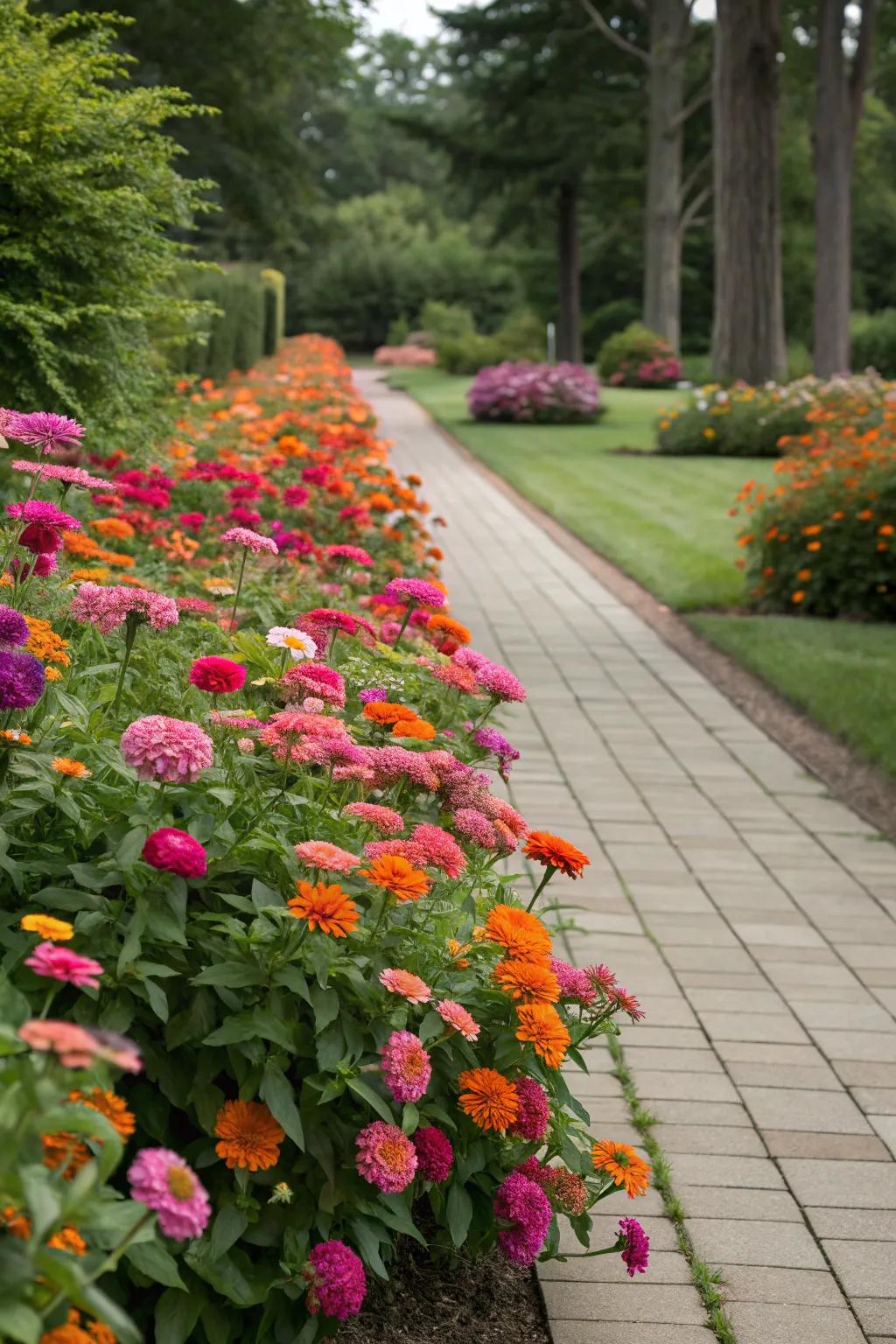 An enchanting garden pathway flanked by vibrant blossifys.