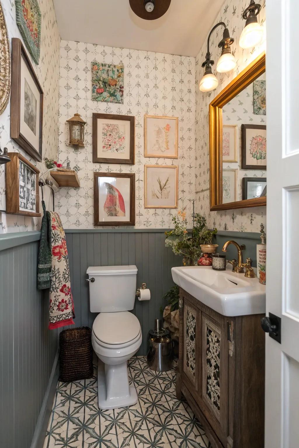 Varied design introduces individuality to this powder room.