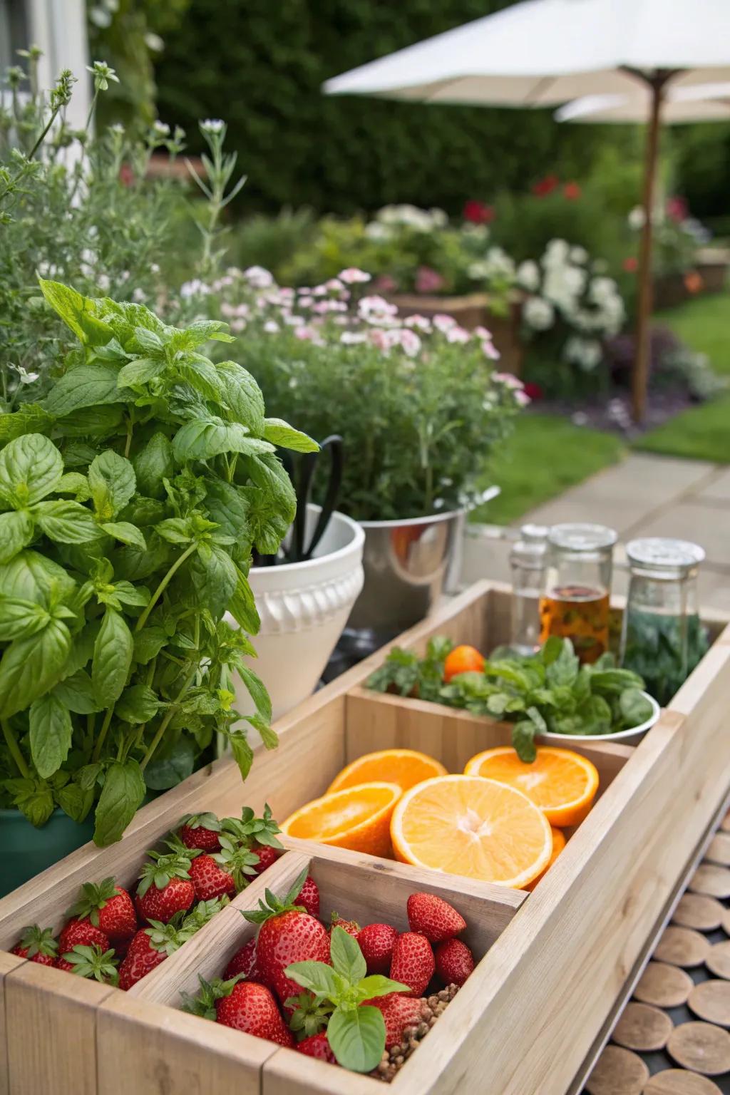 At a DIY garden cocktail booth, visitors enjoy making drinks.