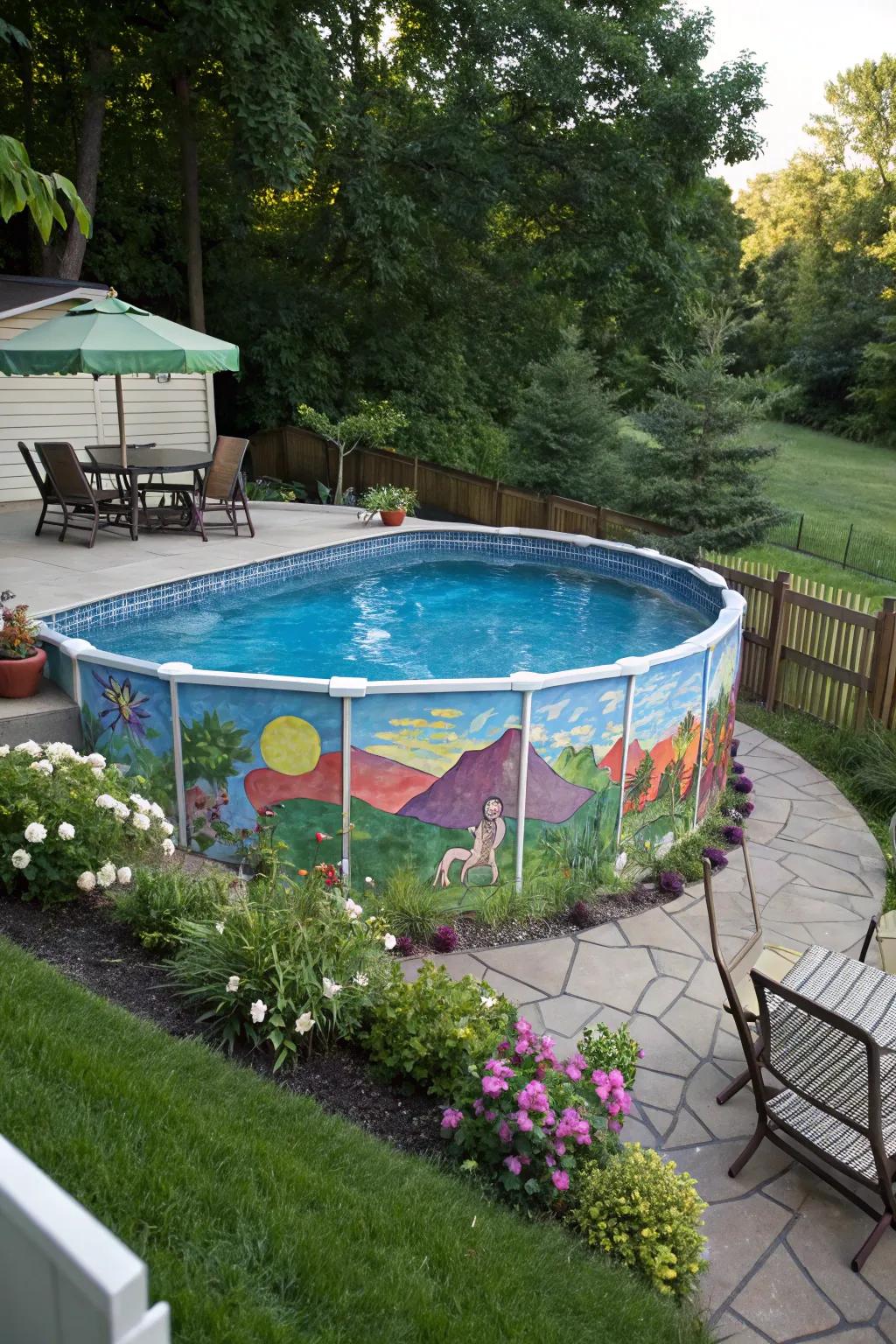 Make a striking statement with an artistic painted mural enveloping your pool.