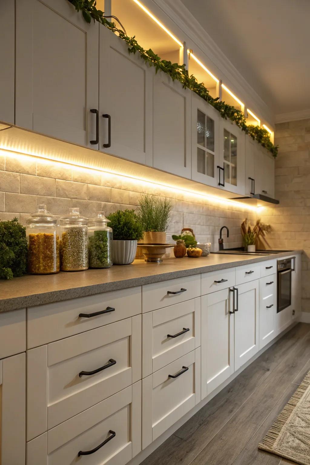 Emphasize your ornamentation by means of the discreet glow of concealed lighting.