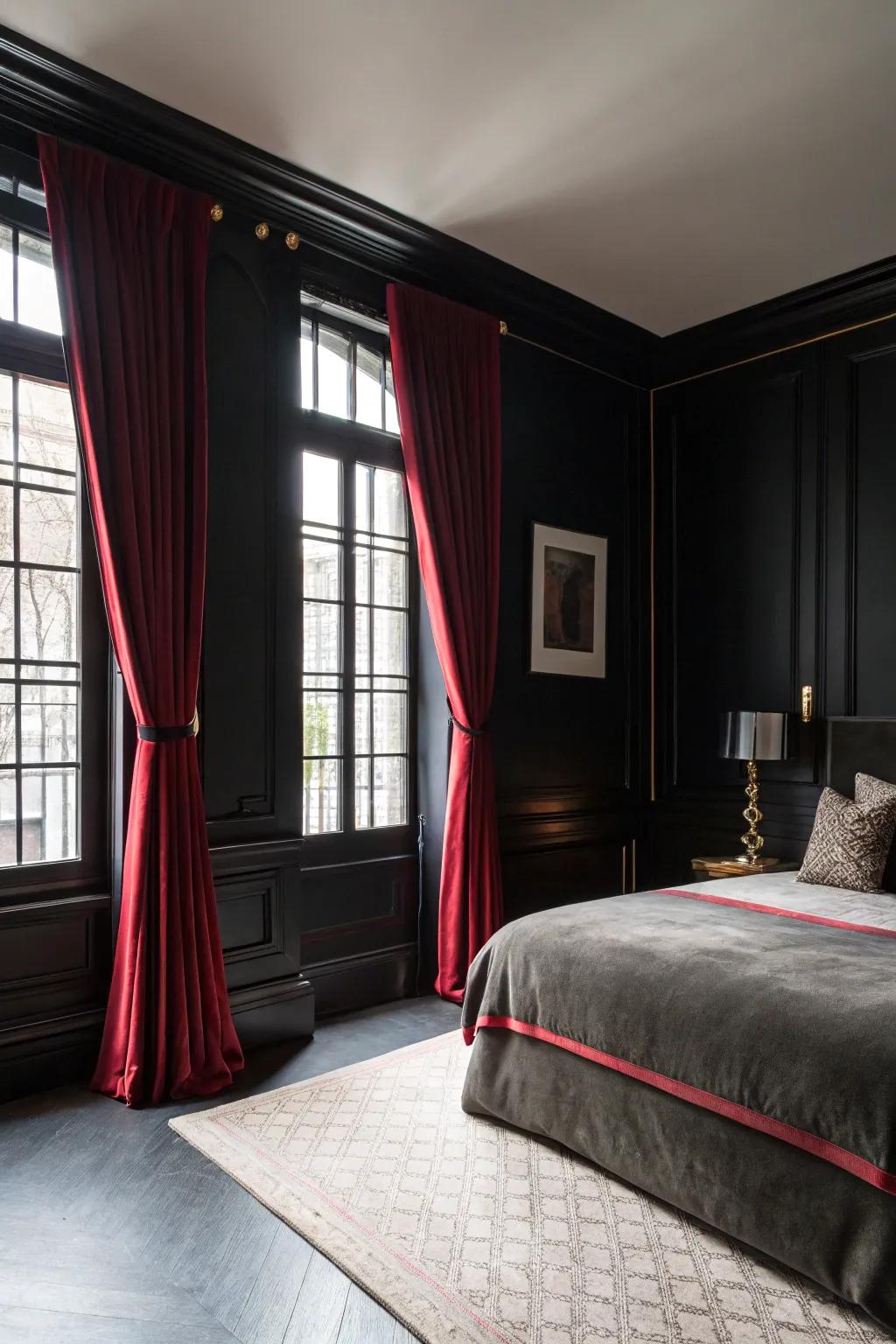 A dark-themed boudoir featuring bold drapes framing the windows.